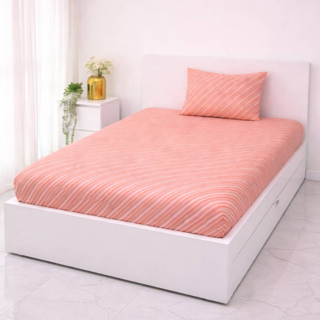 VAA Bedsheet for Single Bed 100% Cotton with 1 Pillow Covers-Red-lines VAA Bedsheet for Single Bed 100% Cotton with 1 Pillow Covers - Image 1
