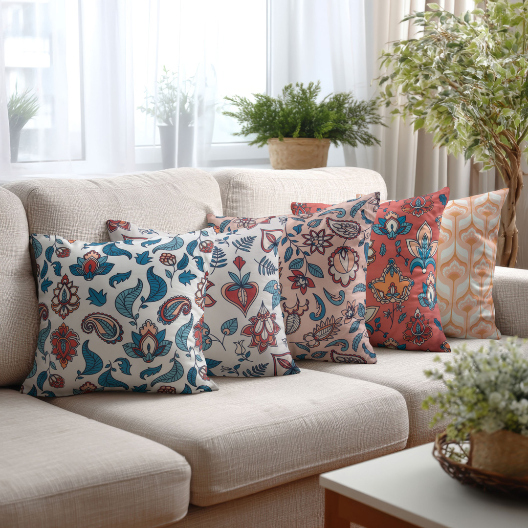 Floral-Leaves-01 VAA Satin Digital Print Cushion Cover | Peach Garden Bloom - Set of 5 - Image 1