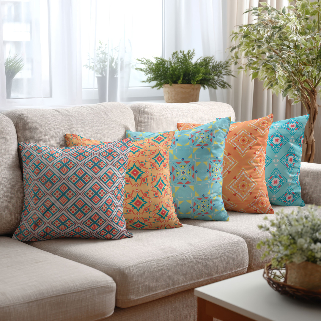 Kaleidoscope-Print-01 VAA Satin Digital Print Cushion Cover | Sunburst Tribal - Set of 5 - Image 1