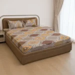 VAA Polycotton Bedsheet with Two Pillow Covers | 140 GSM | 224 x 243 CM | Leaf Print - Brown & Mustard Yellow