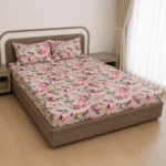 VAA Polycotton Bedsheet with Two Pillow Covers | 140 GSM | 224 x 243 CM | Floral Rose - Pink & Cream