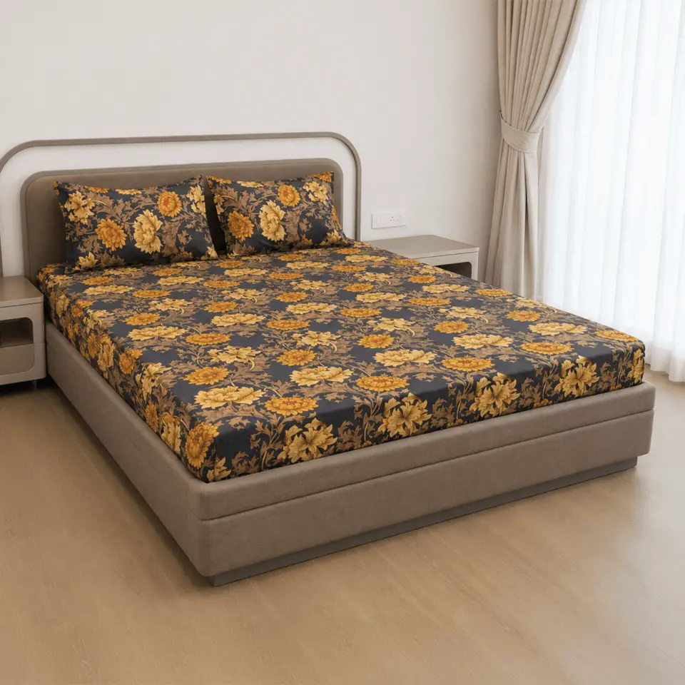 Bedsheet GIF (9) VAA Polycotton Bedsheet with Two Pillow Covers | 140 GSM | 224 x 243 CM | Floral Print - Navy Blue Mustard - Image 1