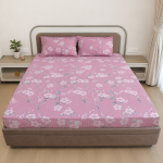 VAA Polycotton Bedsheet with Two Pillow Covers | 140 GSM | 224 x 243 CM | Floral Blossom - Purple, Peach & Green - Image 2