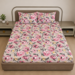 VAA Polycotton Bedsheet with Two Pillow Covers | 140 GSM | 224 x 243 CM | Floral Rose - Pink & Cream - Image 2