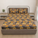 VAA Polycotton Bedsheet with Two Pillow Covers | 140 GSM | 224 x 243 CM | Floral Print - Navy Blue Mustard - Image 2