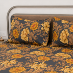 VAA Polycotton Bedsheet with Two Pillow Covers | 140 GSM | 224 x 243 CM | Floral Print - Navy Blue Mustard - Image 3