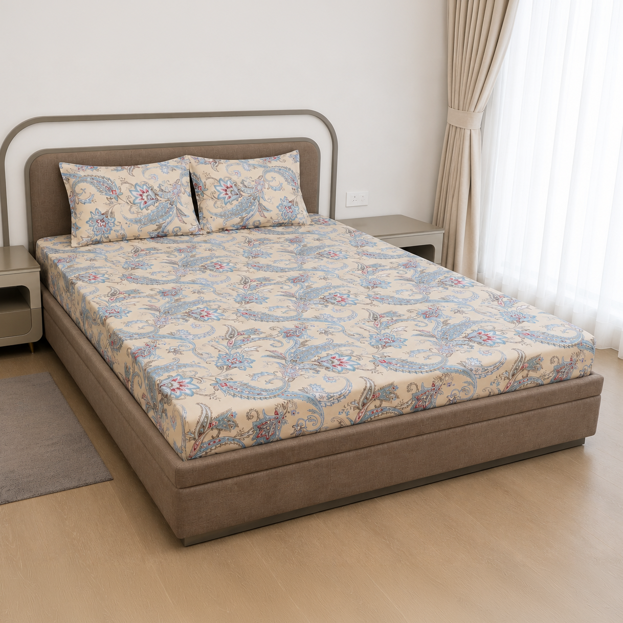 side VAA Polycotton Bedsheet with Two Pillow Covers | 140 GSM | 224 x 243 CM | Paisley Print - Cream Blue - Image 1
