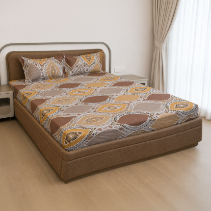 VAA Polycotton Bedsheet with Two Pillow Covers | 140 GSM | 224 x 243 CM | Leaf Print - Brown & Mustard Yellow