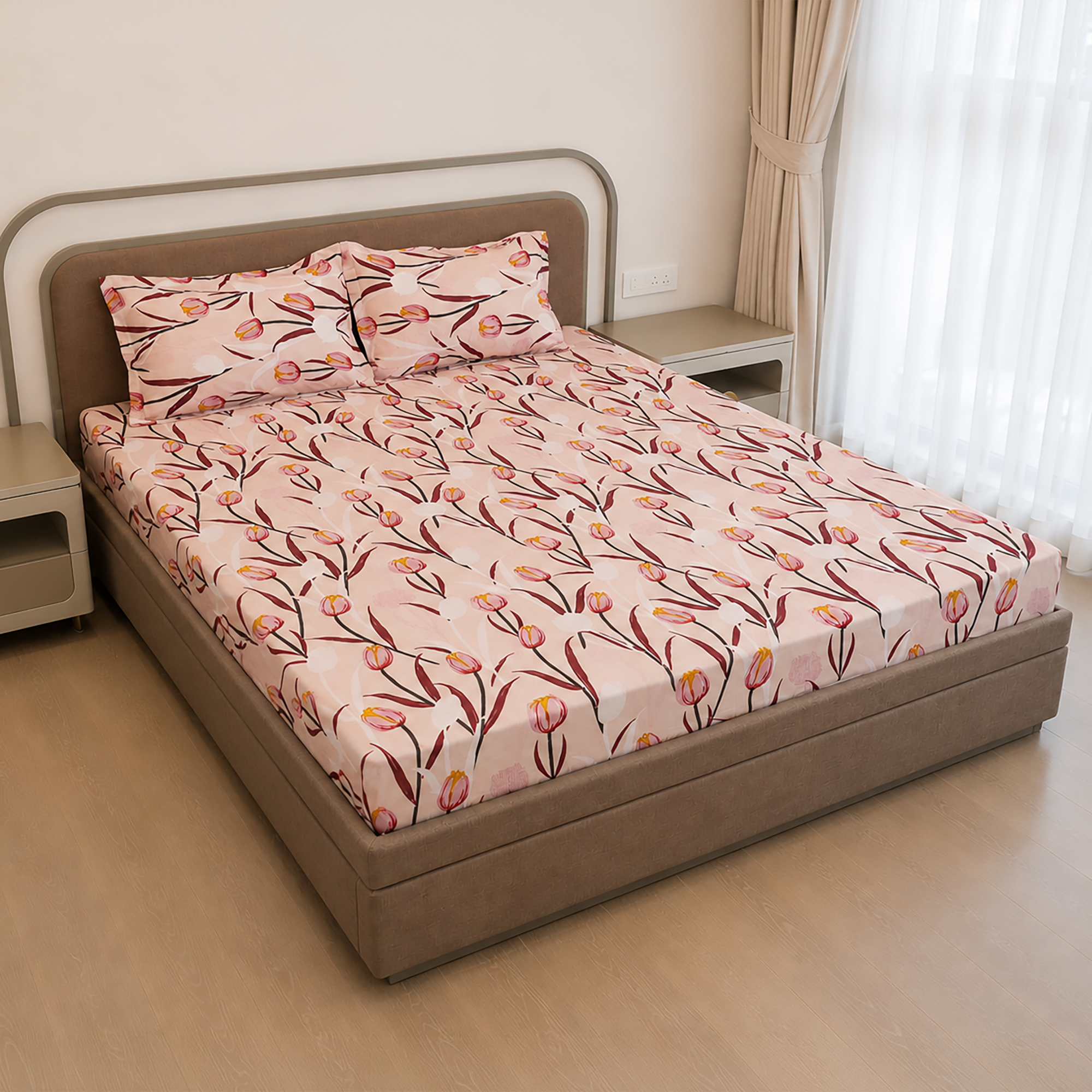 side VAA Polycotton Bedsheet with Two Pillow Covers | 140 GSM | 224 x 243 CM | Floral Vine - Pink & Burgundy - Image 1