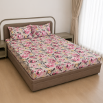 VAA Polycotton Bedsheet with Two Pillow Covers | 140 GSM | 224 x 243 CM | Floral Rose - Pink & Cream