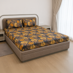 VAA Polycotton Bedsheet with Two Pillow Covers | 140 GSM | 224 x 243 CM | Floral Print - Navy Blue Mustard