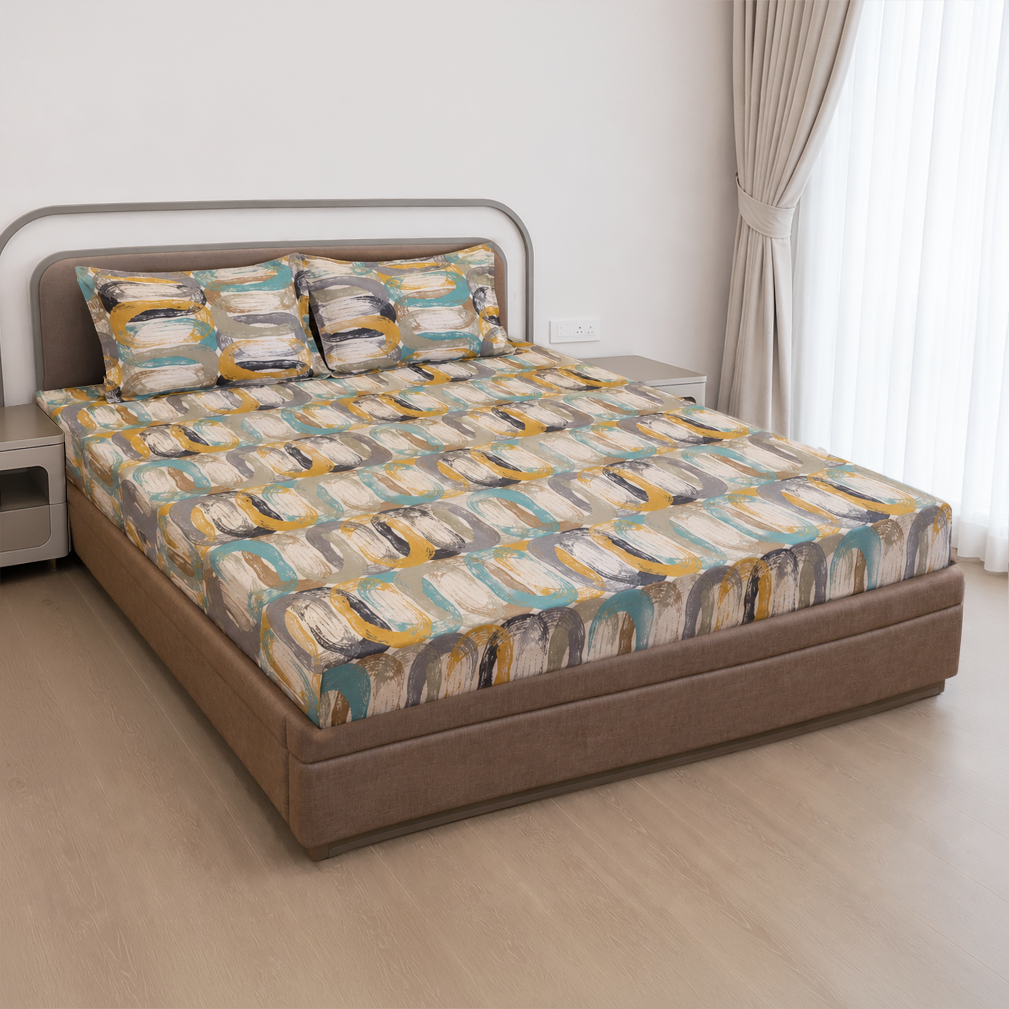side VAA Polycotton Bedsheet with Two Pillow Covers | 140 GSM | 224 x 243 CM | Aqua Geometric - Beige & Orange - Image 1
