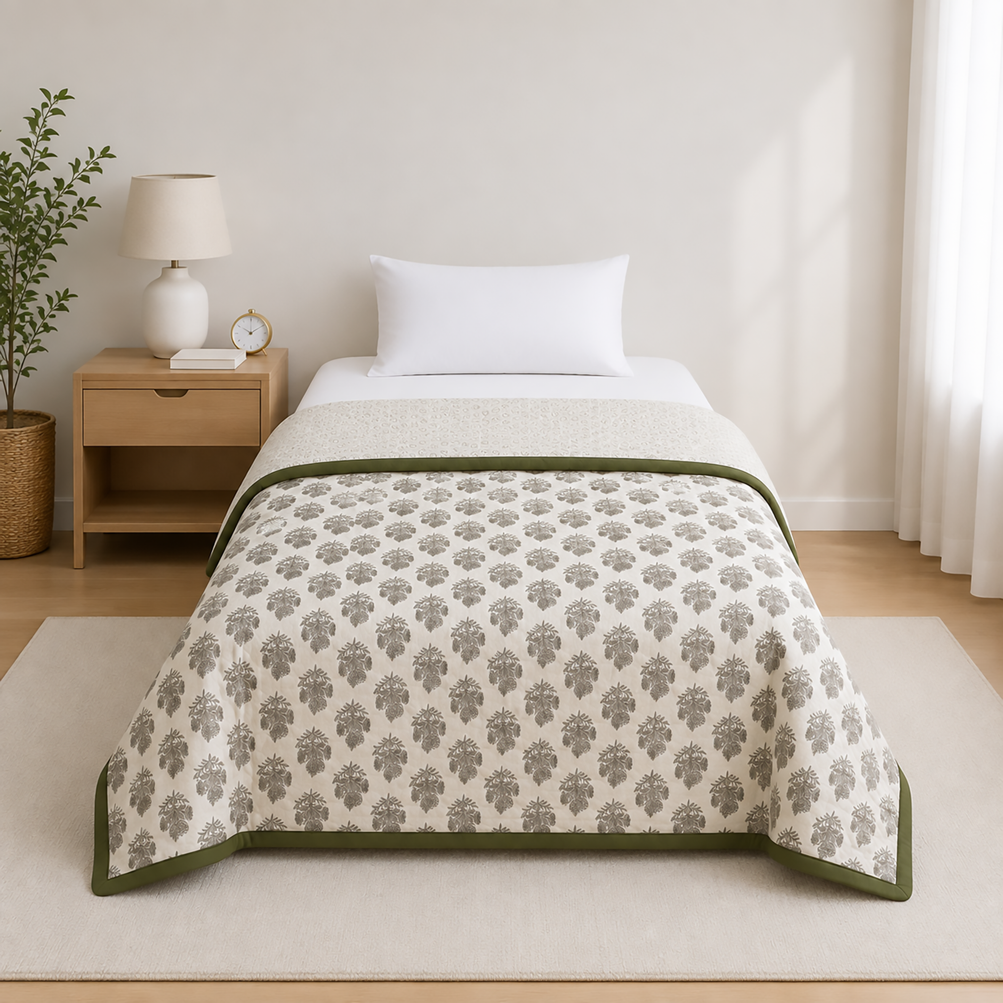 Grey Green Dohar_Mockup 1 VAA Reversible Single Bed Dohar Ac Comforter 100% Cotton | 170 GSM | Size 138 x 219 centimeter | Floral & Emerald | Green & Off white - Image 1