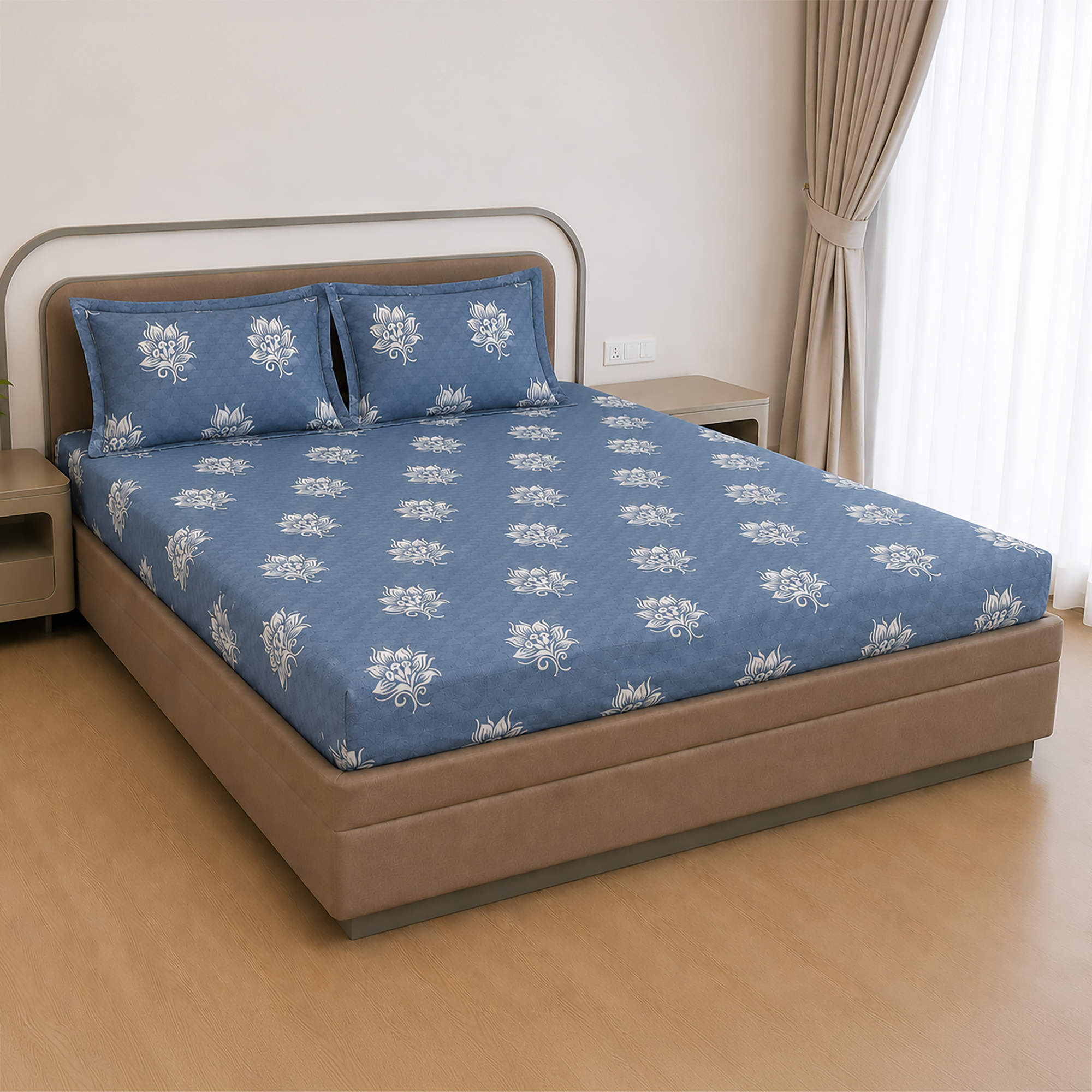 Blue Floral 2_cotton bedsheet_Side VAA Cotton Double Bedsheet with 2 Pillow Covers | 144 GSM | 224 X 243 CM | Lotus | Sky Blue & Slate Blue - Image 1