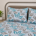 VAA Cotton Double Bedsheet with 2 Pillow Covers | 144 GSM | 224 X 243 CM | Tropical Leaf | Teal Blue, Grey & White - Image 3
